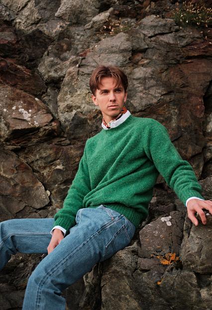 Drakes Brushed Shetland Crew Neck Jumper Pixie Green