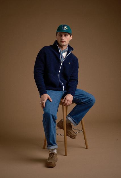 Drakes Navy Boucle Wool Zip Fleece Jacket