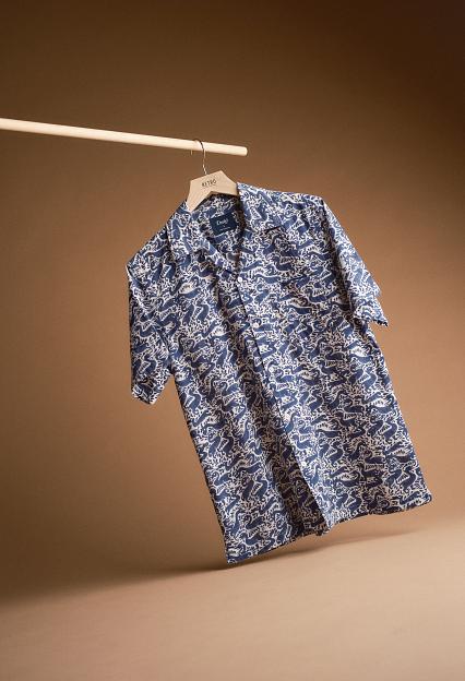 Drakes SS Camp Collar Shirt Duck Block Print Navy