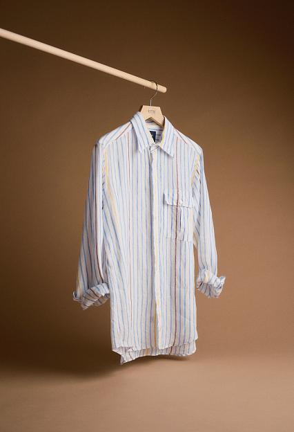 Drakes Long Point Striped Linen Summer Shirt Blue/Wht/Yel