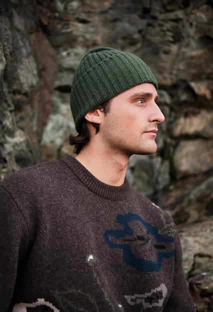 Drakes Lambswool Ribbed Knit Beanie Green