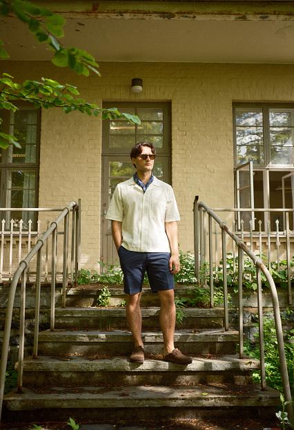 Oscar Jacobson Reg Fit Cuban SS Seersucker Shirt Snow White