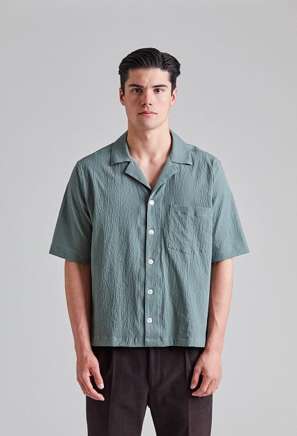 Oscar Jacobson Reg Fit Cuban SS Seersucker Shirt Balsam Green