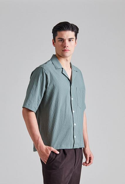 Oscar Jacobson Reg Fit Cuban SS Seersucker Shirt Balsam Green