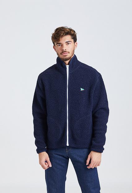 Navy Boucle Wool Zip Fleece Jacket