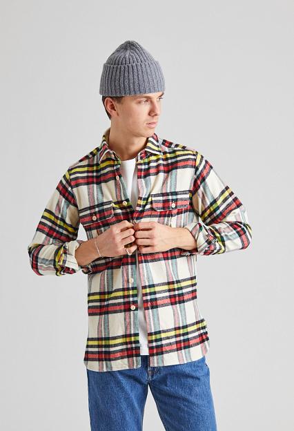 Drakes Brushed Cotton Work Shirt Ecru Check