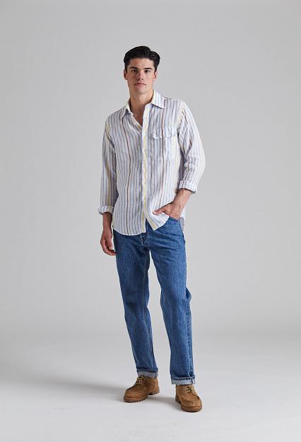 Drakes Long Point Striped Linen Summer Shirt Blue/Wht/Yel