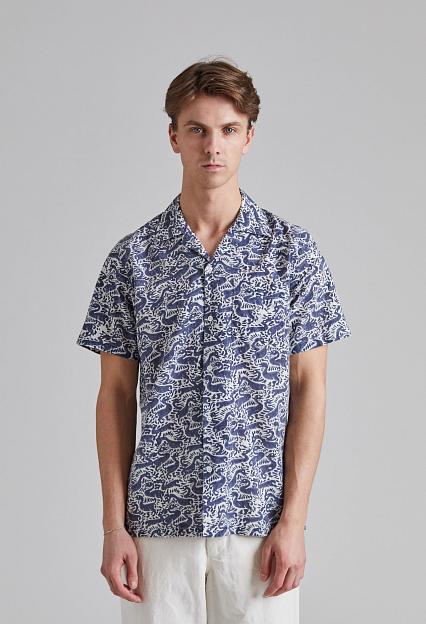 Drakes SS Camp Collar Shirt Duck Block Print Navy