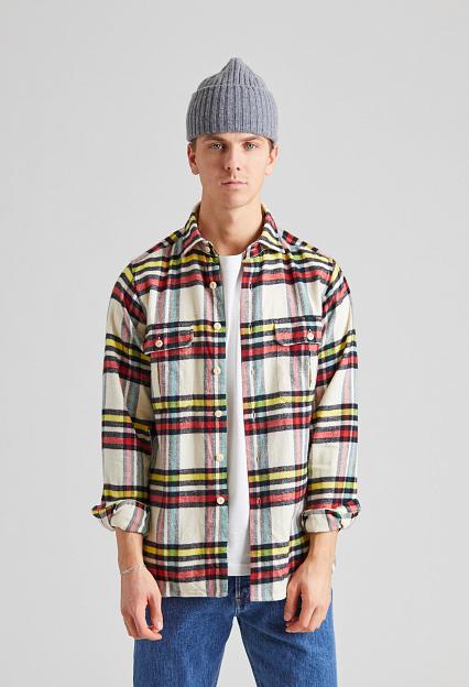 Drakes Brushed Cotton Work Shirt Ecru Check