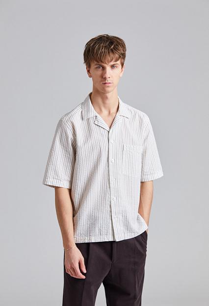Oscar Jacobson Reg Fit Cuban SS Striped Seersucker Shirt Snow White
