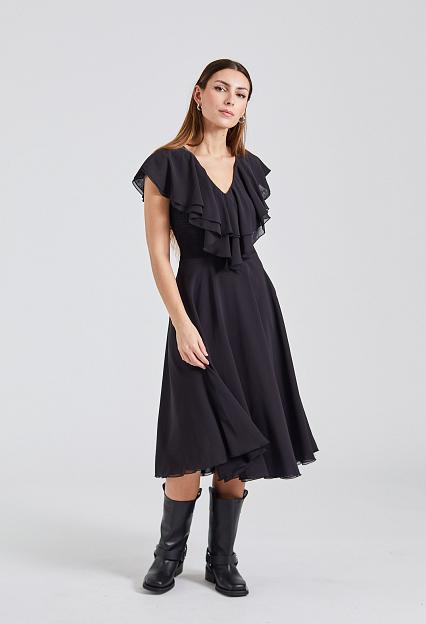 ROTATE Birger Christensen Chiffon Wide Ruffle Dress Black