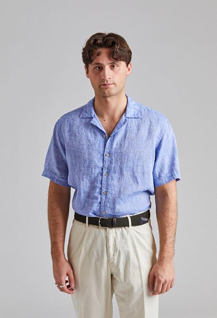 Stenströms Fitted Body Short Sleeve Linen blue