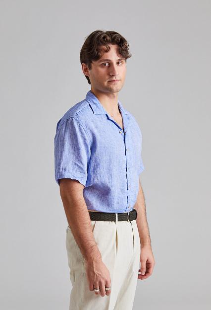 Stenströms Fitted Body Short Sleeve Linen blue