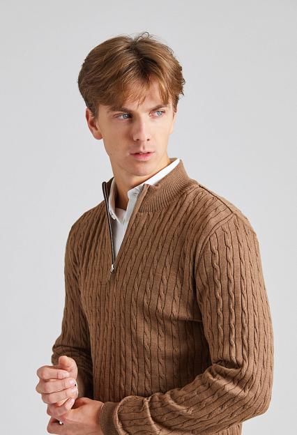 Stenströms Cable Knit Merino Half Zip Light Brown