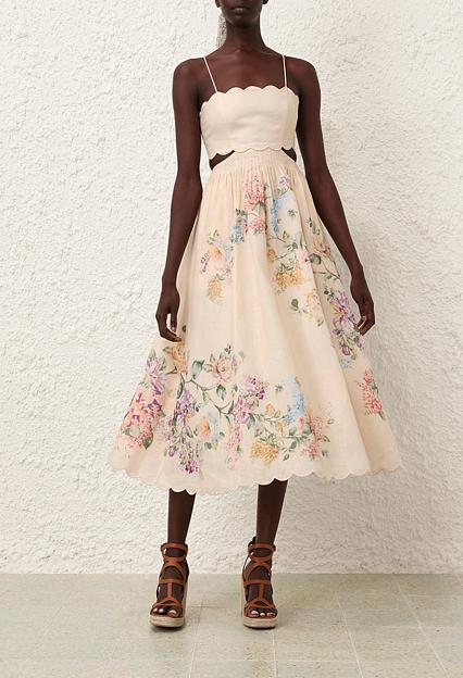 ZIMMERMANN Halliday Scallop Midi Dress Cream Watercolour Floral