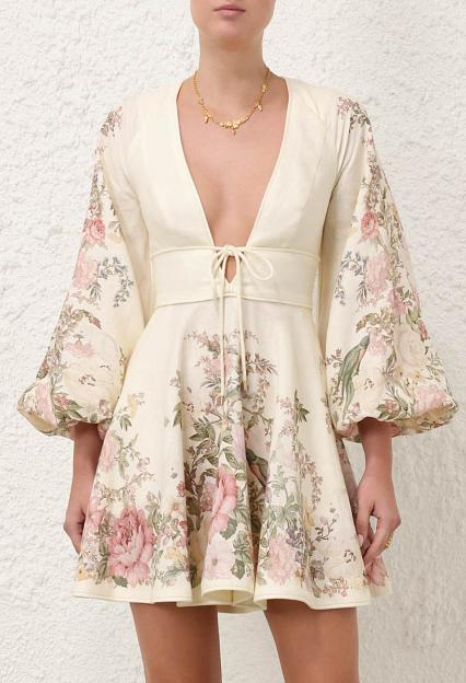 ZIMMERMANN Waverly Plunge Mini Dress Cream Floral