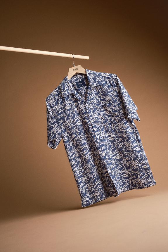 Drakes SS Camp Collar Shirt Duck Block Print Navy-5
