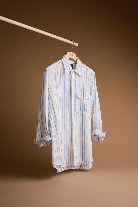 Drakes Long Point Striped Linen Summer Shirt Blue/Wht/Yel-5