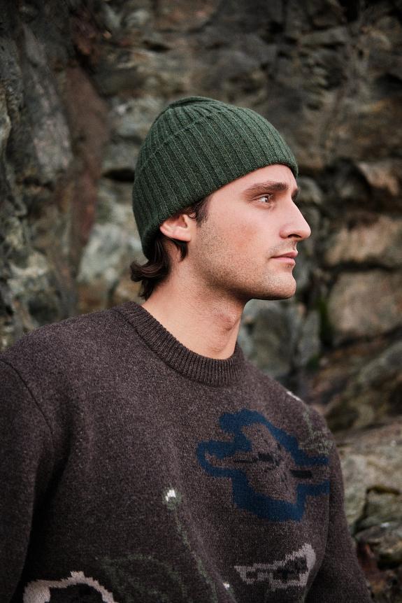 Drakes Lambswool Ribbed Knit Beanie Green-5