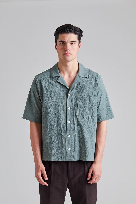 Oscar Jacobson Reg Fit Cuban SS Seersucker Shirt Balsam Green