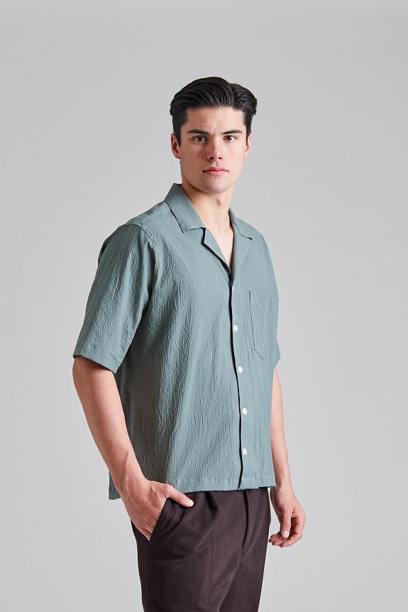 Oscar Jacobson Reg Fit Cuban SS Seersucker Shirt Balsam Green-1
