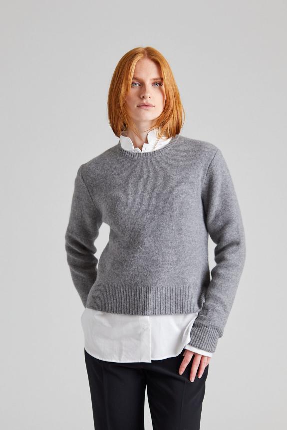 Cropped Crew-Neck Knit Grey Melange