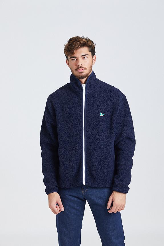 Drakes Navy Boucle Wool Zip Fleece Jacket