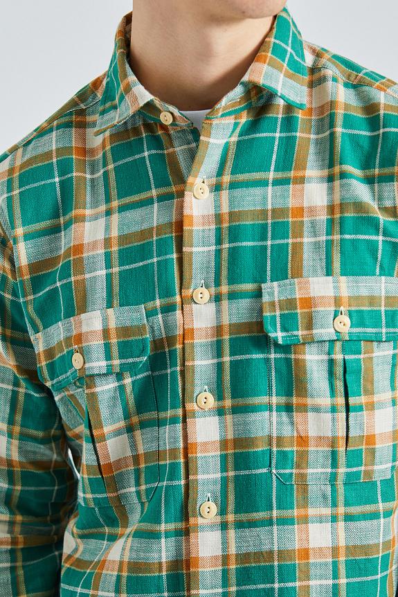 Drakes Checked Slub Cotton Work Shirt Green & Yellow-4
