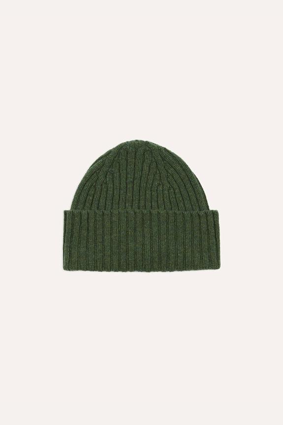 Drakes Lambswool Ribbed Knit Beanie Green