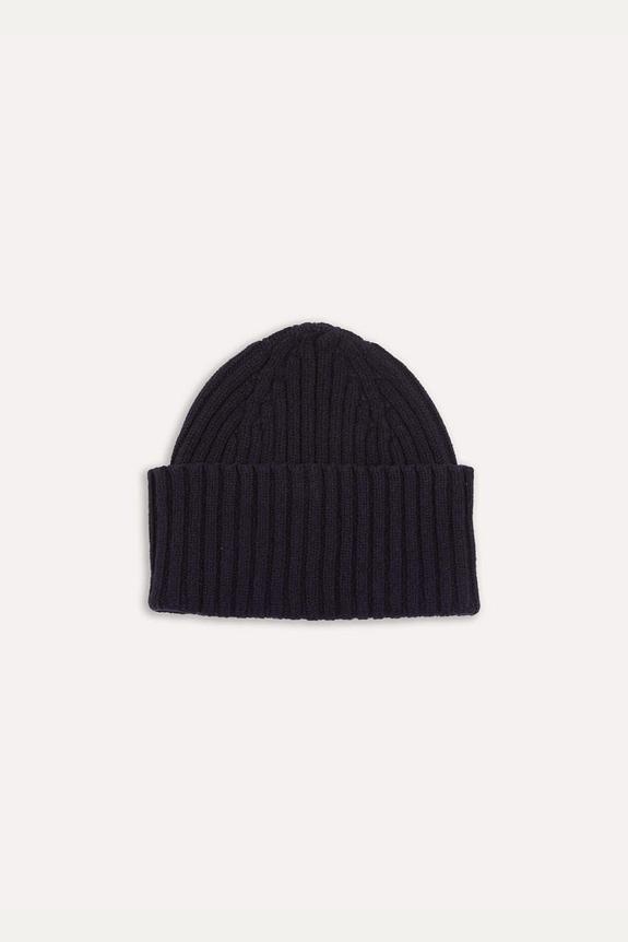 Drakes Lambswool Ribbed Knit Beanie Navy