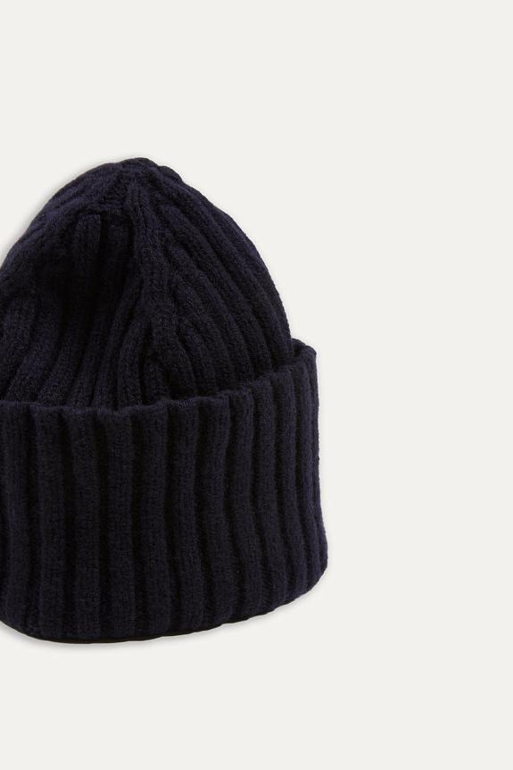 Drakes Lambswool Ribbed Knit Beanie Navy