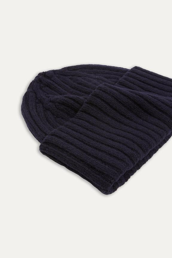 Drakes Lambswool Ribbed Knit Beanie Navy