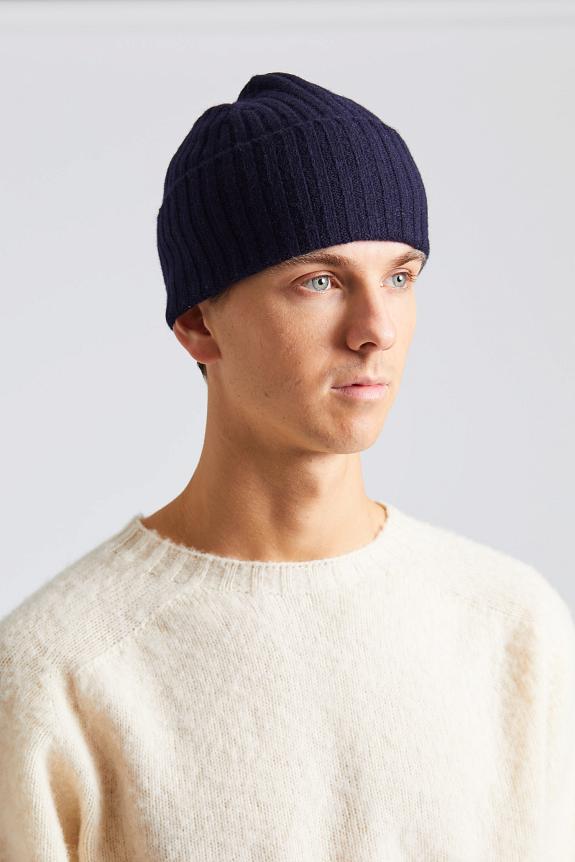 Drakes Lambswool Ribbed Knit Beanie Navy