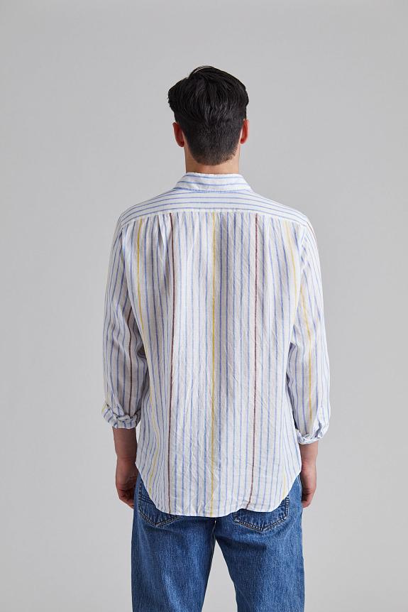 Drakes Long Point Striped Linen Summer Shirt Blue/Wht/Yel-2
