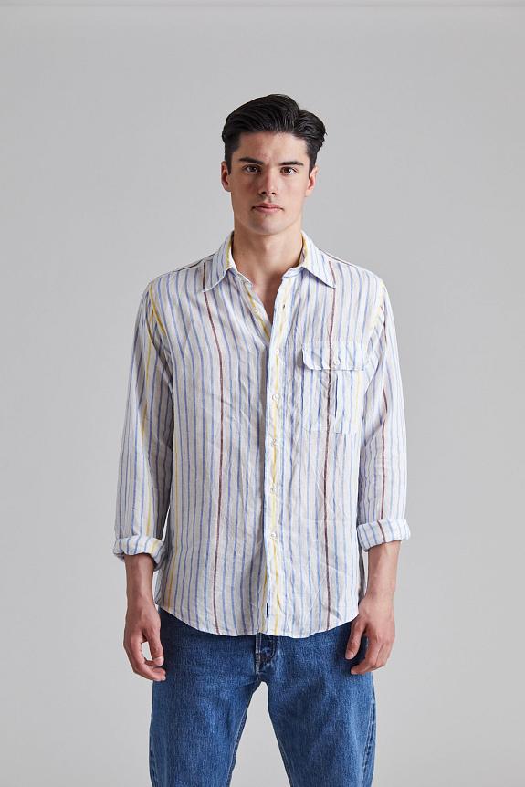 Drakes Long Point Striped Linen Summer Shirt Blue/Wht/Yel-3