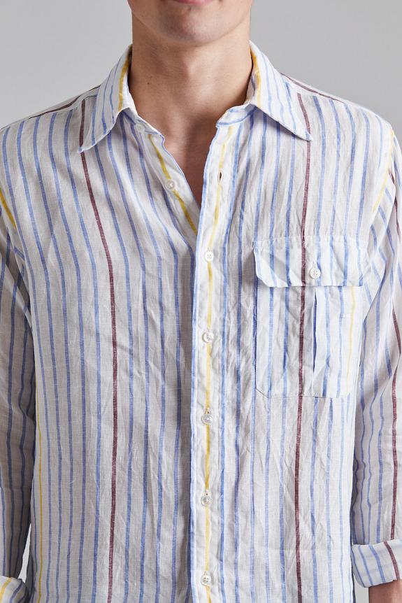 Drakes Long Point Striped Linen Summer Shirt Blue/Wht/Yel-4