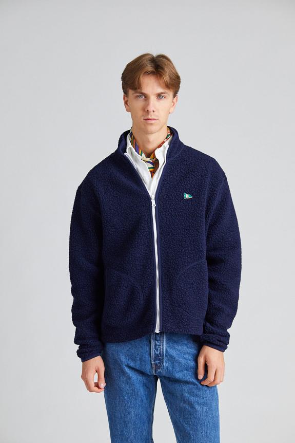 Drakes Navy Boucle Wool Zip Fleece Jacket-2