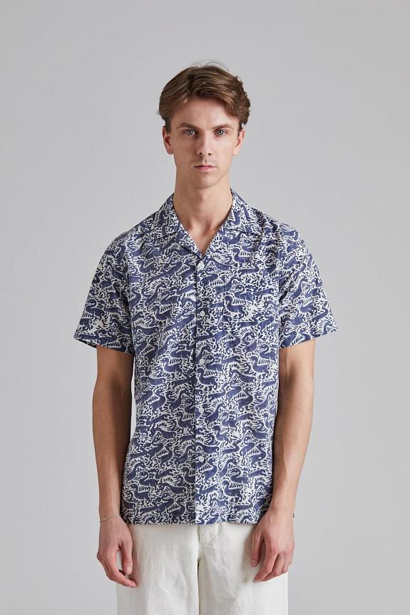 Drakes SS Camp Collar Shirt Duck Block Print Navy