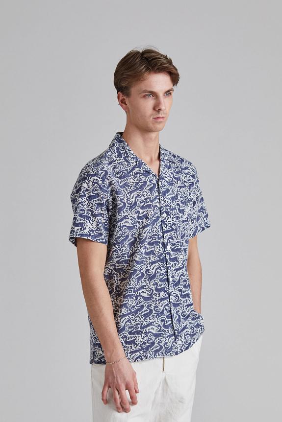 Drakes SS Camp Collar Shirt Duck Block Print Navy-1