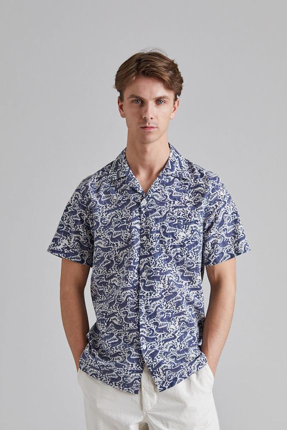 Drakes SS Camp Collar Shirt Duck Block Print Navy-3