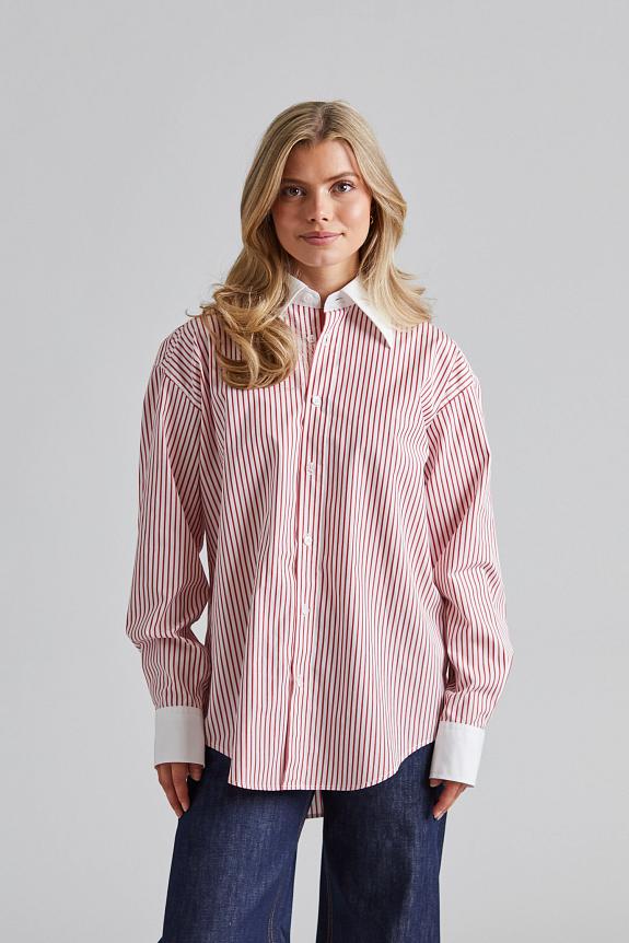 Filippa K Striped Cotton Shirt White/Dark Red