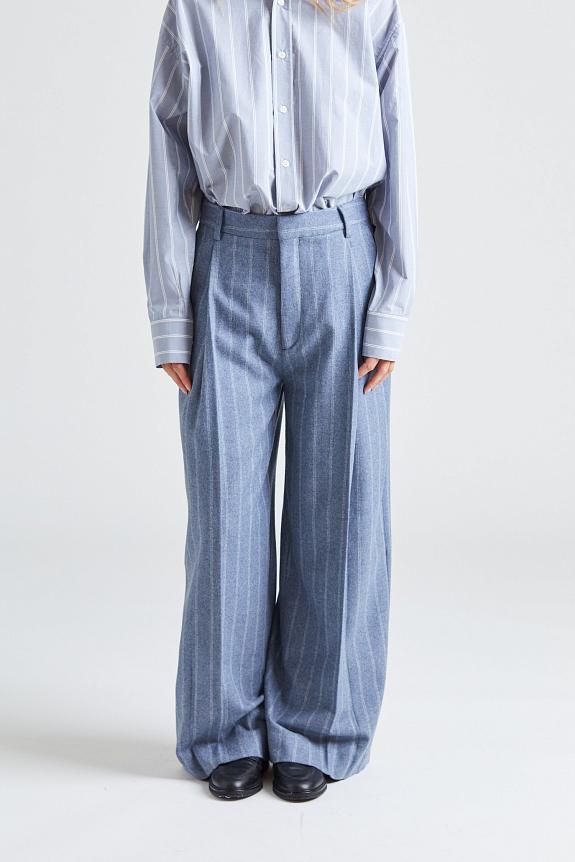 Filippa K Wide Pleated Striped Trousers Grey Blue Stripe 