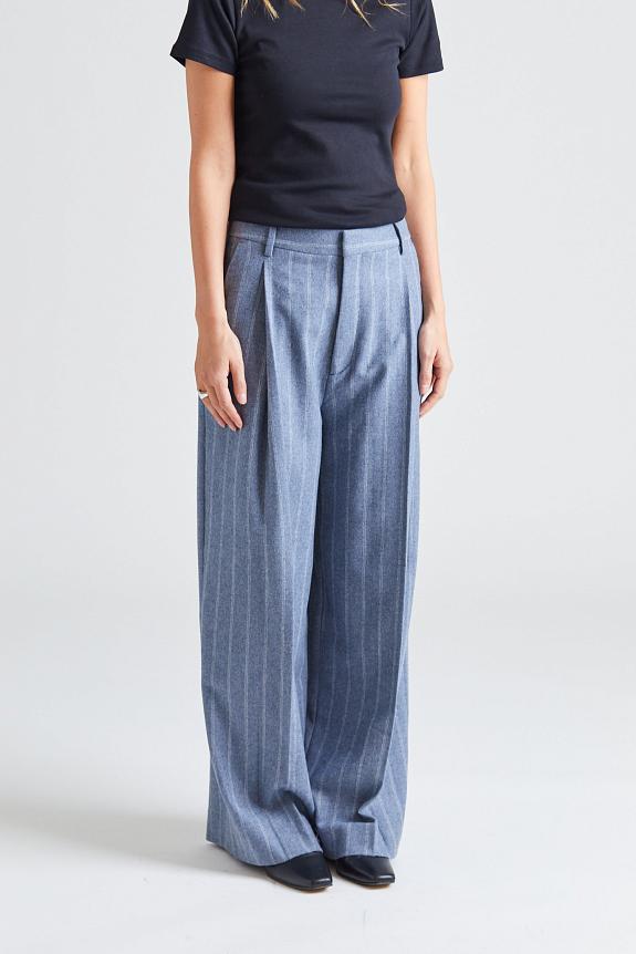 Filippa K Wide Pleated Striped Trousers Grey Blue Stripe 