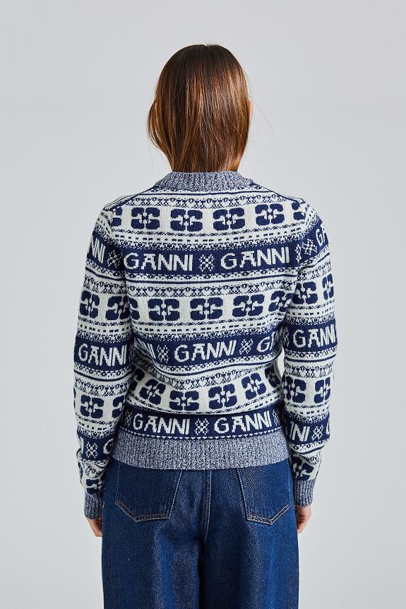 Ganni Logo Wool Mix O-Neck Pullover Sky Captain