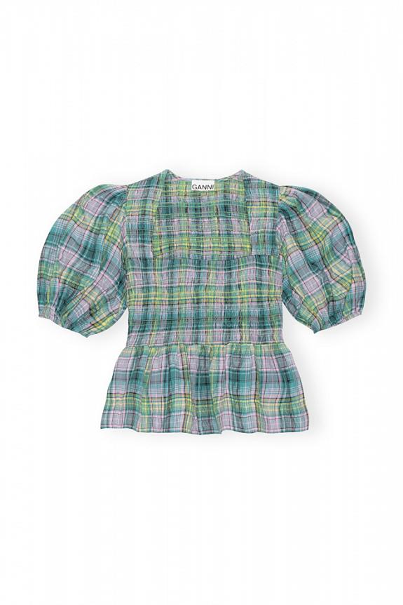 Ganni Seersucker Check Smock Blouse Lagoon-3