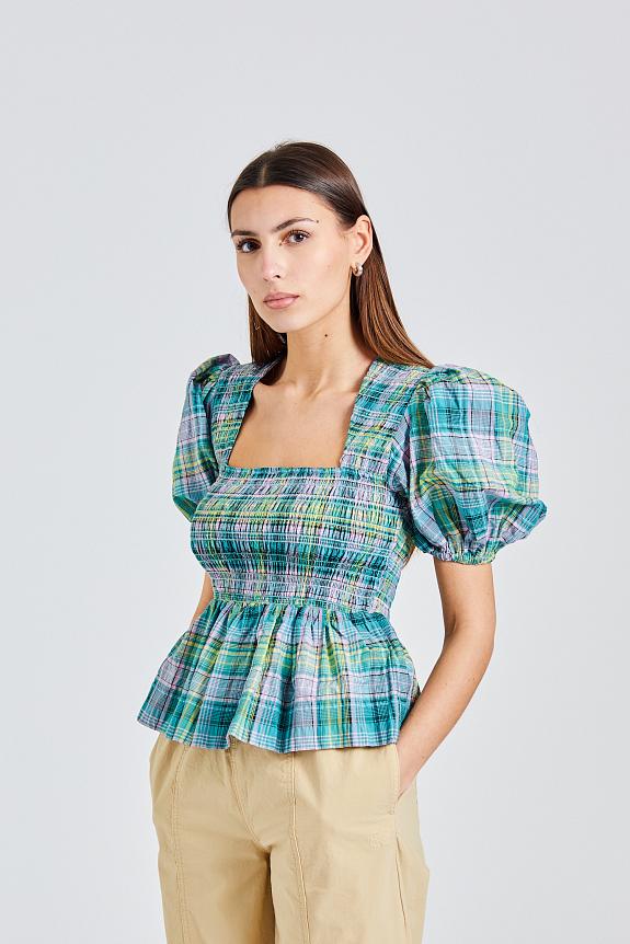 Ganni Seersucker Check Smock Blouse Lagoon