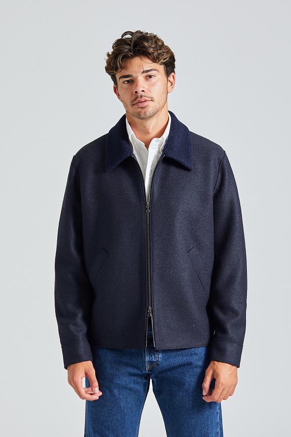 Harris Wharf Men Golf Jacket Pressed Wool and Boucle Navy Blue