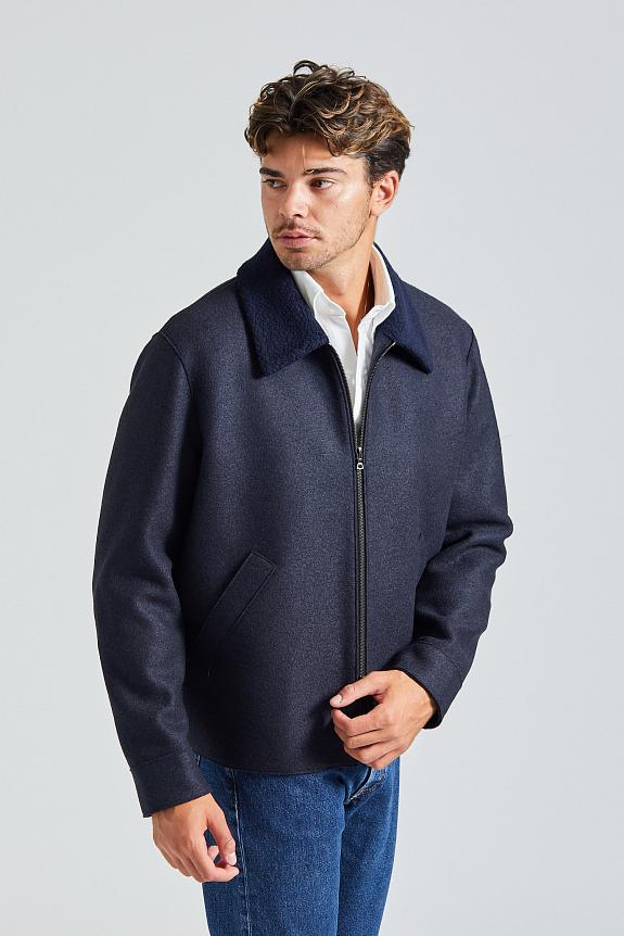 Harris Wharf Men Golf Jacket Pressed Wool and Boucle Navy Blue