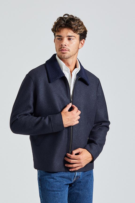 Harris Wharf Men Golf Jacket Pressed Wool and Boucle Navy Blue