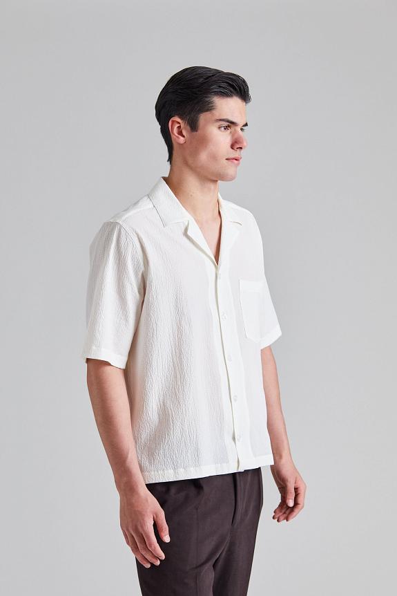 Oscar Jacobson Reg Fit Cuban SS Seersucker Shirt Snow White-2